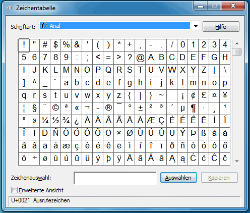 Zeichentabelle von Windows 7