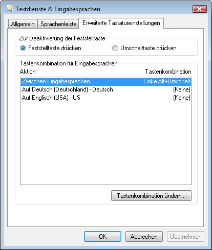 Dialog Erweiterte Tastatureinstellungen in Windows Vista