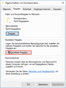 Eigenschaften des Ordners - Erweiterte Freigabe