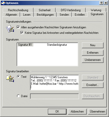 Signatur-Dialog von Outlook Express
