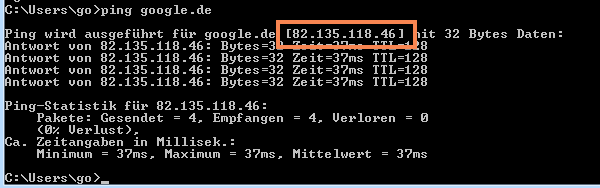 Ein an Google geschickter Ping-Befehl