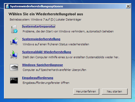 Systemwiederherstellungsoptionen Windows 7