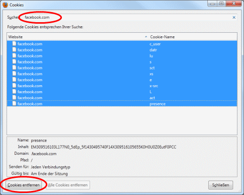 Firefox Cookies zum entfernen markiert