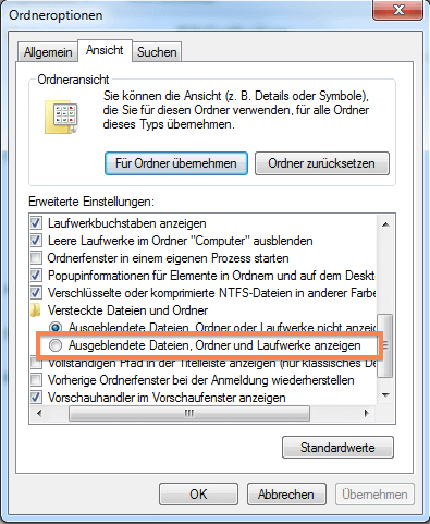 Versteckte Ordner und Dateien in Windows 7 anzeigen