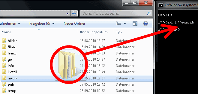 Ordner wird in die Windows-Kommandzeile gezogen