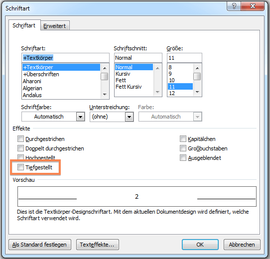 Word: Option zum Tiefer stellen von Text Word: Option zum Tiefer stellen von Text