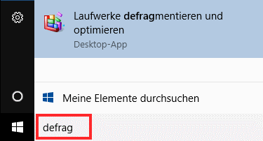 Defragmentierung per Suchfeld finden