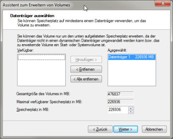 Win7 Datenträgerverwaltung Assistent zum Erweitern