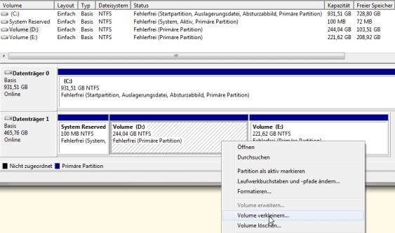 Win7 Datenträgerverwaltung Übersicht