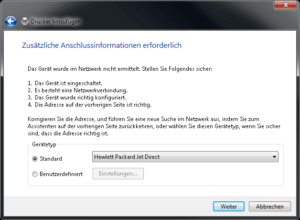 Einrichtung eines Druckers an einer Fritzbox. Jet Direct Treiber ausgewählt.