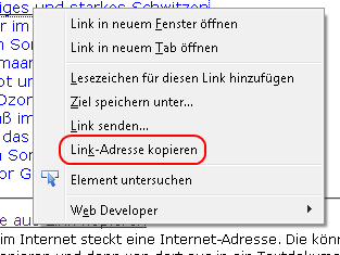 Kontextmenü des Firefox mit dem Eintrag Linkadresse kopieren