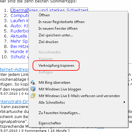 Kontextmenü des Internet Explorer mit dem Eintrag Verknüpfung kopieren