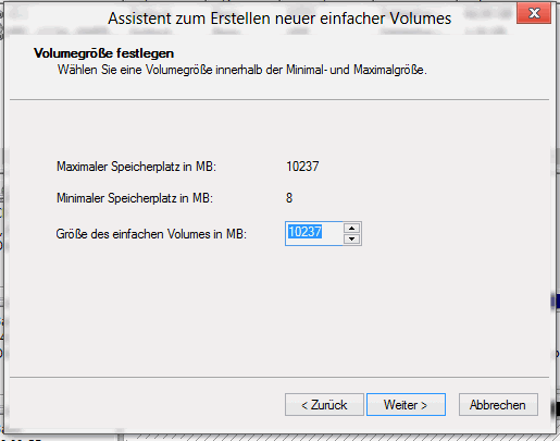 Größe des Volumes festlegen