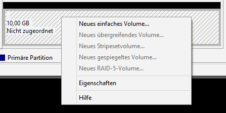 Menüpunkt Einfaches Volume erstellen