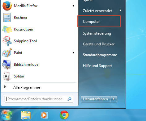Windows 7 Startmenü mit Eintrag Computer