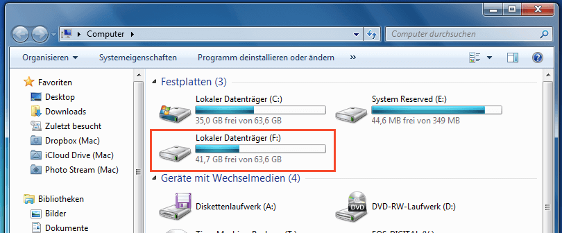Verfügbare Laufwerke in Windows 7