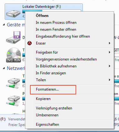 Auswahl Formatieren im Kontextmenü eines Windows-7-Laufwerks