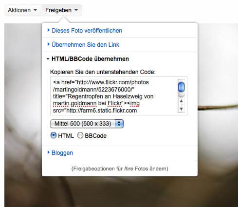 Menue zum Einbinden von Bildern aus Flickr