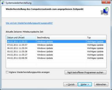 Windows 7 Liste Wiederherstellungspunkte