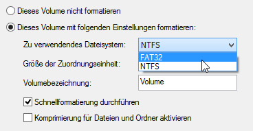 Auswahl von FAT32 im Formatierungsmenü