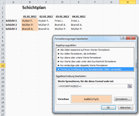 Excel Schichtplan nach Formatierung Excel Schichtplan nach Formatierung