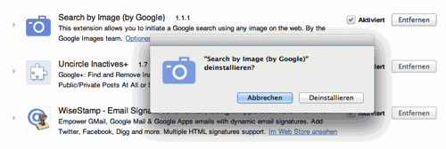 Deinstallations-Dialog für Plugins in Google Chrome Deinstallations-Dialog für Plugins in Google Chrome