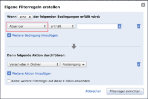Absender in den Filterregeln anklicken