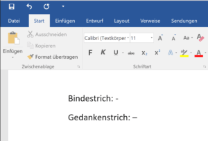 Gedankenstrich in Word