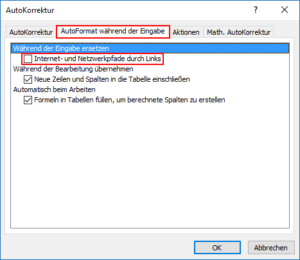Excel Linkbildung dauerhaft abschalten