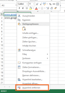 Diese Option aus dem Kontextmenü nimmt die Umwandlung in ein Link zurück.