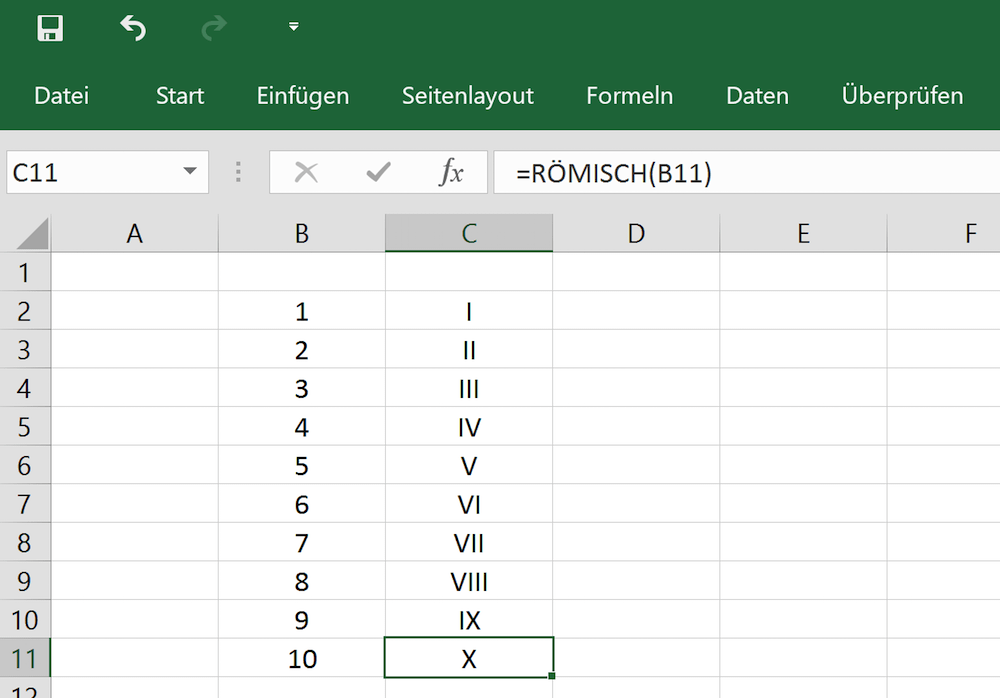 Excel Römische Zahlen mit Formel