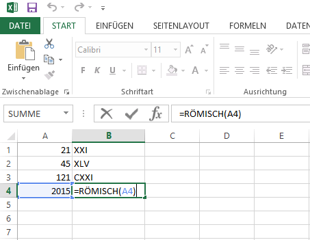 Excel schreibt römsiche Zahlen