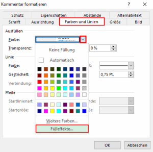 Excel Kommentare formatieren Farben und Linien