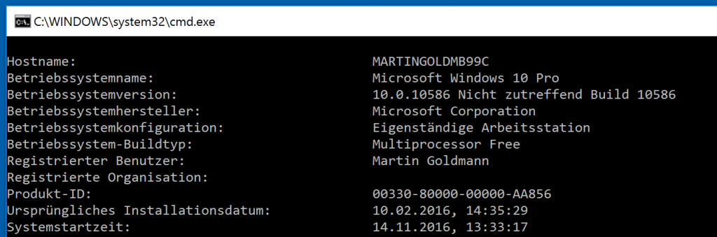 So sieht die Ausgabe von Systeminfo auf der Windows-Kommandozeile aus.