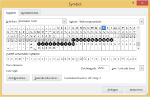 Einfüge-Fenster für Symbole und Sonderzeichen in Word