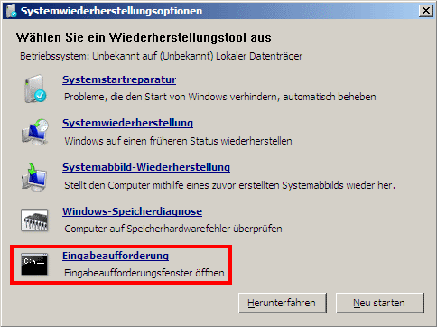 Windows 7 Wiederherstellungsoptionen
