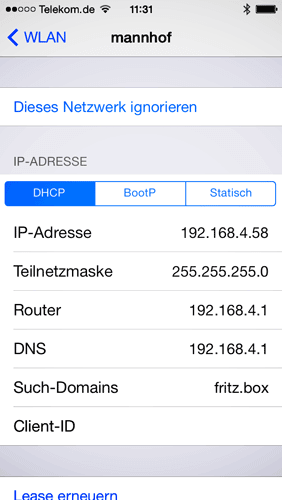 Die IP-Adresse des iPhone in den Netzwerk-Einstellungen
