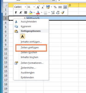 Zellen einfügen per Kontext-Menü Zellen einfügen per Kontext-Menü