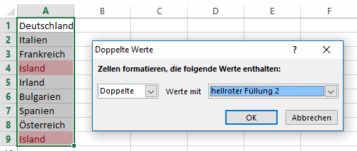 Excel - Beispiel fuer Doppelte Werte
