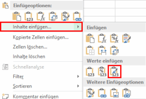 Excel - Inhalte einfuegen - Werte und Zahlenformat