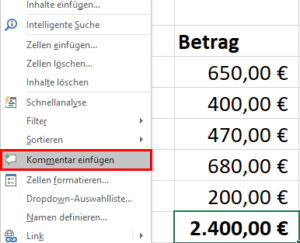 Excel - Kommentar einfügen