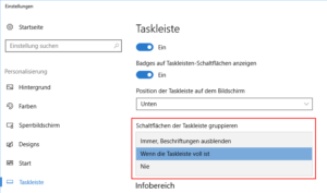 Einstellungen Taskleiste gruppieren