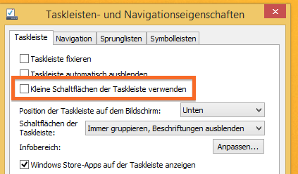 Kleine Symbole auf der Taskleiste von Windows 8