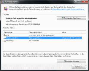 Dialog zum Defragmentieren von Festplatten in Windows 7