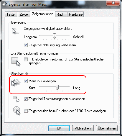 Option zum Einschalten der Mausspur in Windows 7