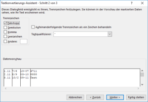 Textkonvertierungsassistent Feldseparatoren