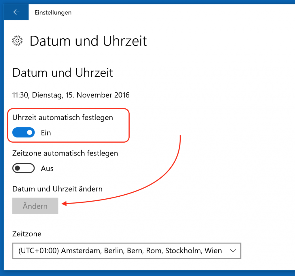 In Windows 10 wird die Uhrzeit automatisch eingestellt.