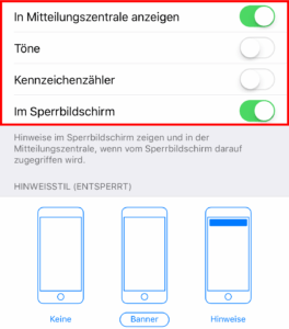 Mitteilungseinstellungen einer App - oben