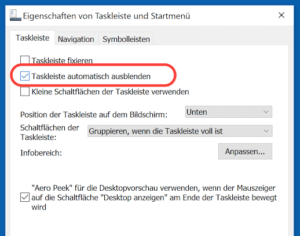 Option Taskleiste automatisch ausblenden in Eigenschaften der Taskleiste