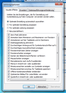 Leistungsoptionen von Windows 7